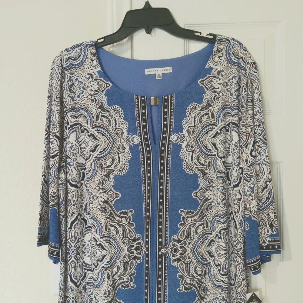 Sandra Darren blue nvy ivy keyhole round neck 3/4 sleeve shift dress  Size 2X - Picture 3 of 7
